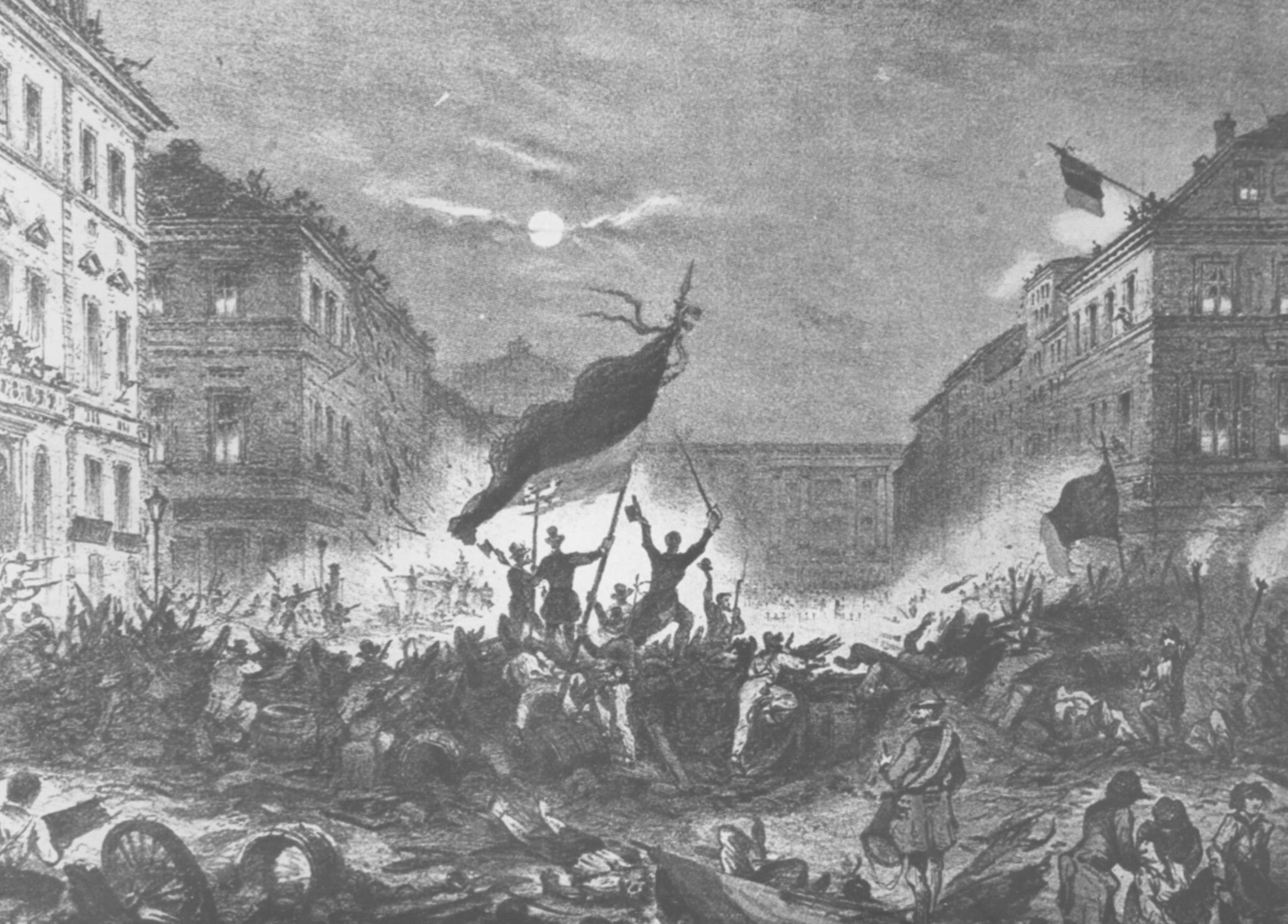 Bild von der Revolution. Barrikade und Deutschlandflagge.